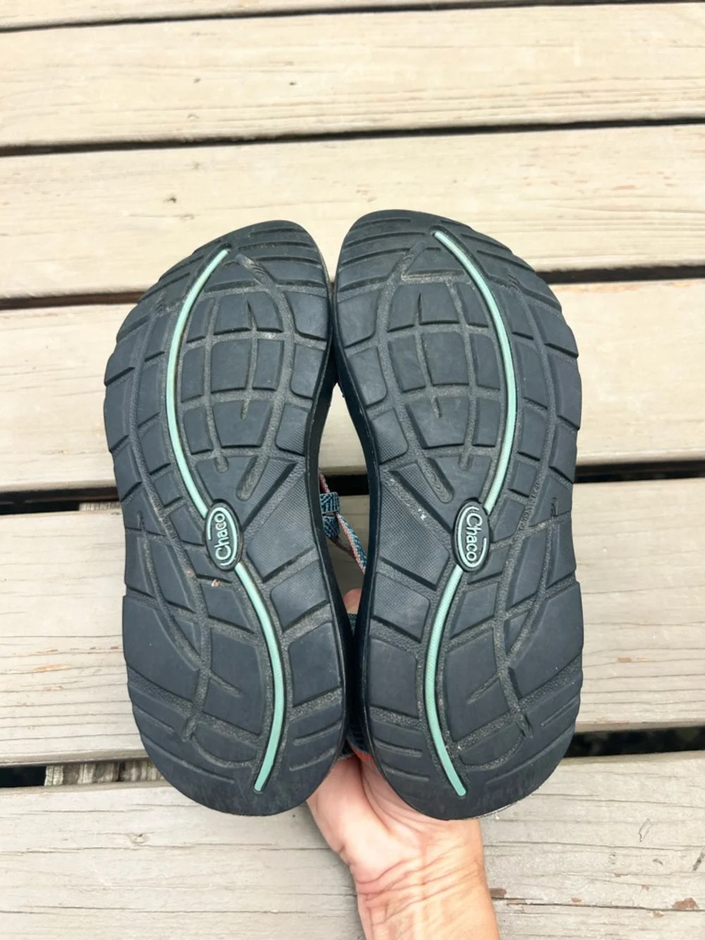 Chaco Teal and Coral Webbing Strapped Sandals | Size EU 38 / US 7